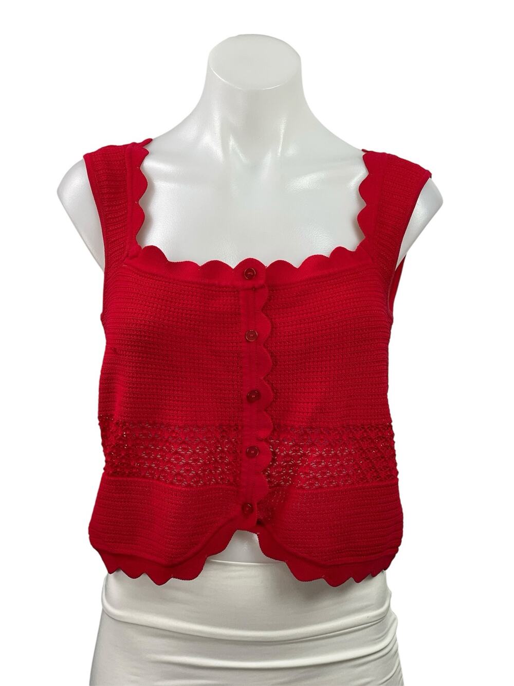 Meshki Women's Red Sleeveless Knit Scalloped Button Up Tank Crop Top Size L